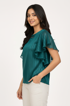 Side profile - teal pleated ruffle sleeve top