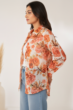 Side profile - terracotta rose floral sheer shirt