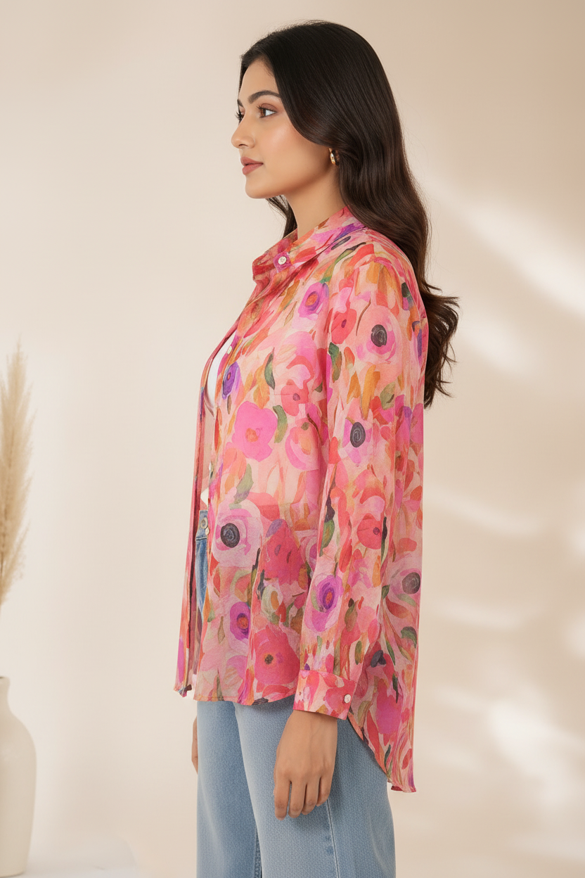 Side profile - watercolour floral sheer shirt