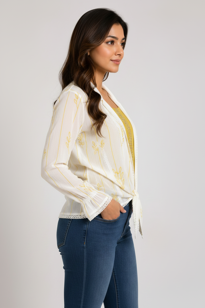 Side profile - white embroidered shrug
