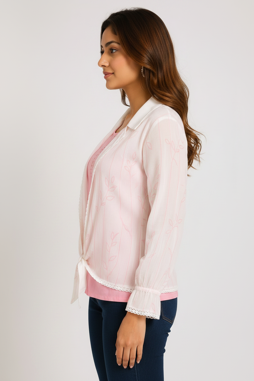 Side profile - white shrug with pink inner