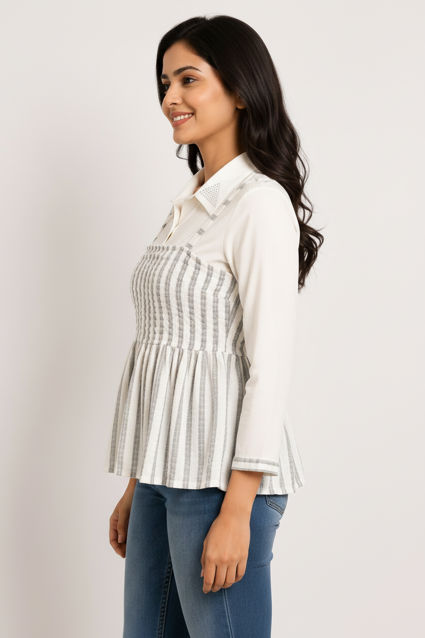 Side profile - white stripe embroidery peplum top