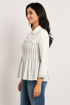 Side profile - white stripe embroidery peplum top