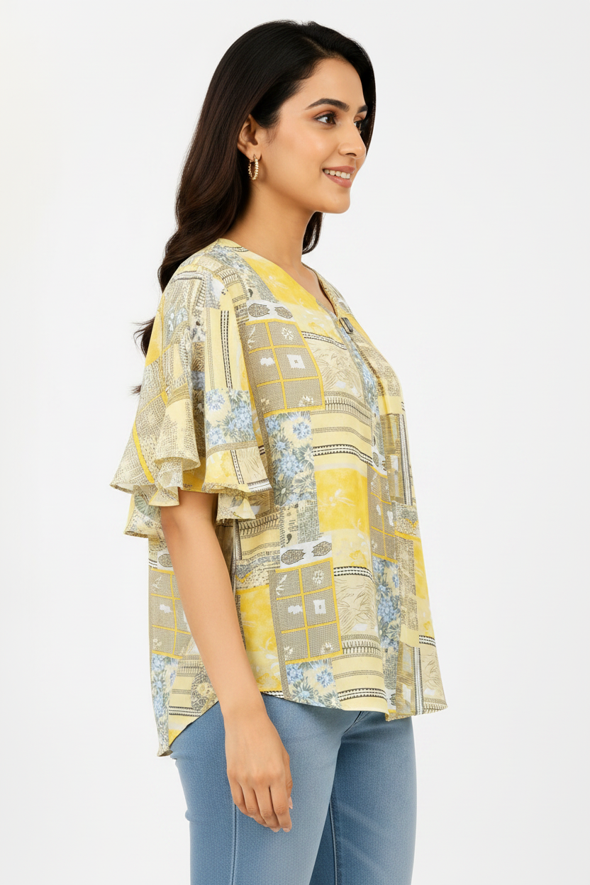 Side profile - yellow patchwork ruffle sleeve top