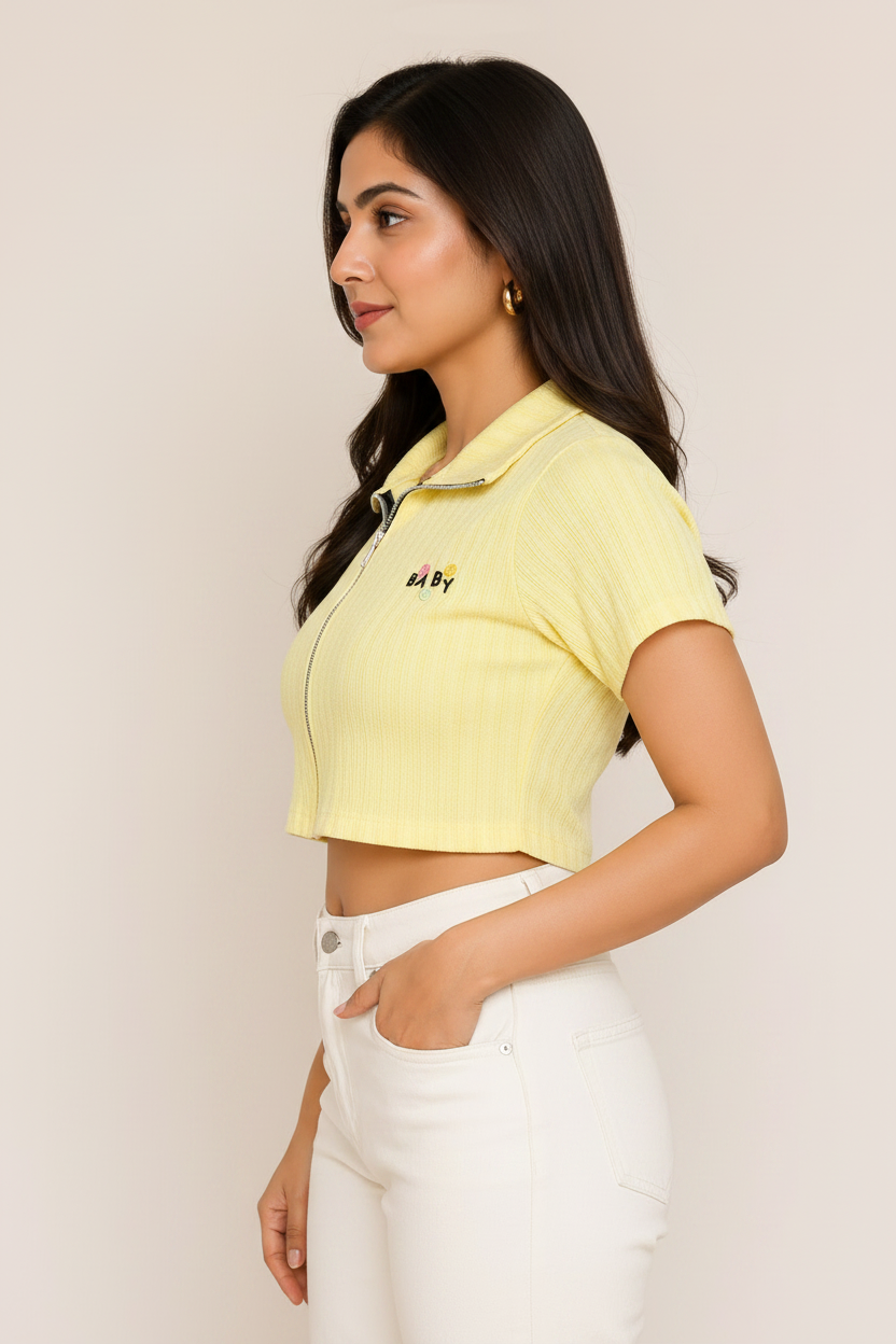 Side profile - yellow zip crop top