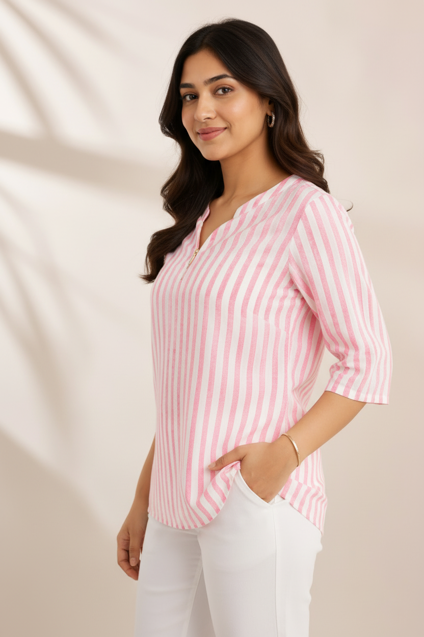 Side three-quarter pose - pink stripe kurti