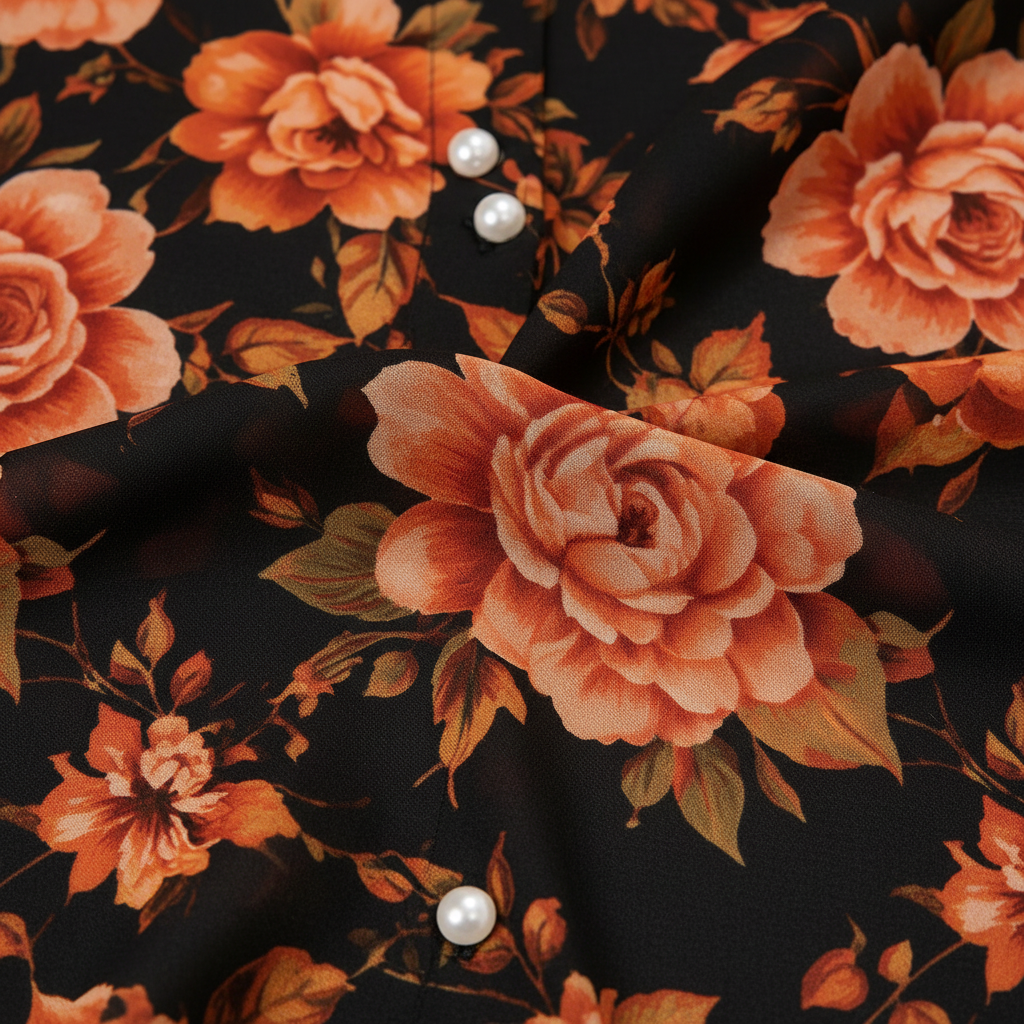 Texture shot - orange rose on black chiffon fabric