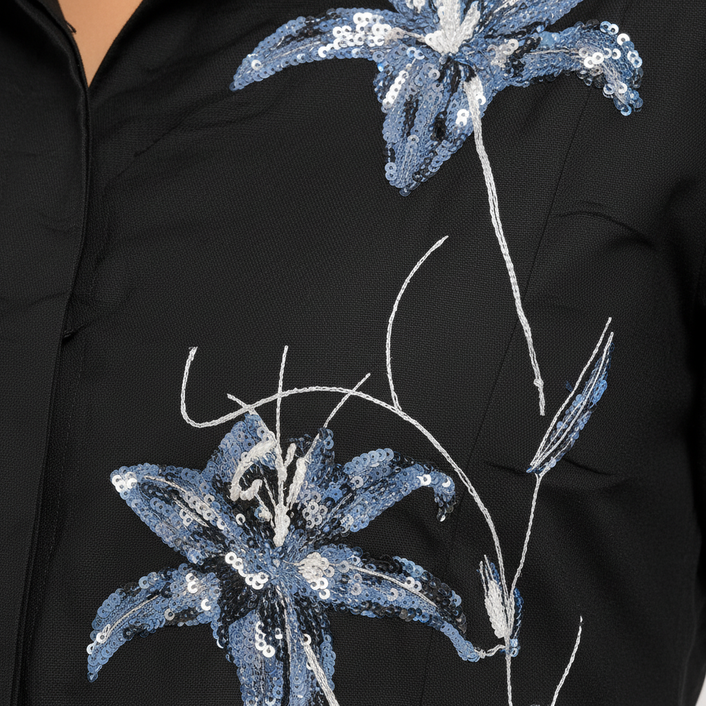 Texture shot - sequin lily on black fabric