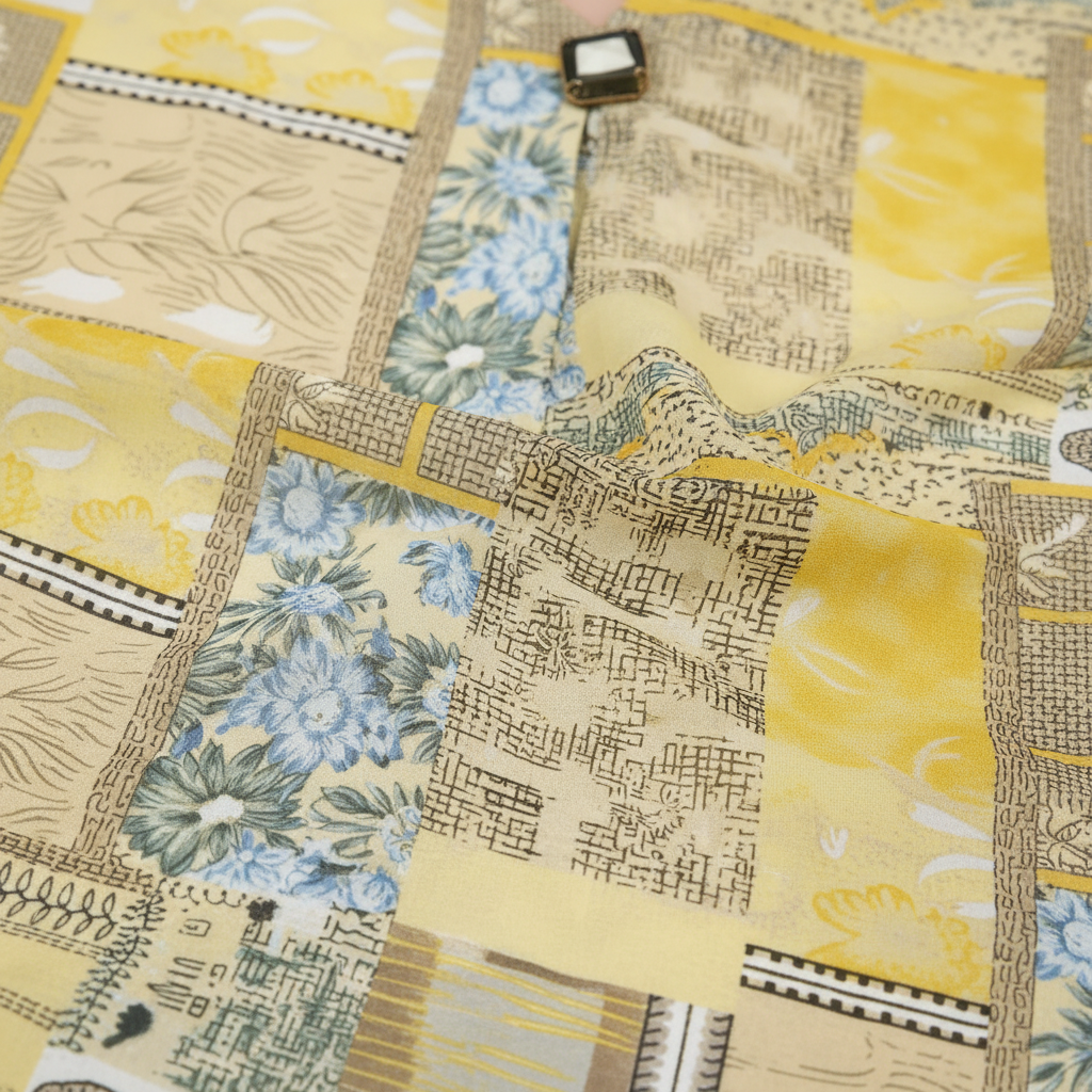 Texture shot - yellow patchwork chiffon print detail